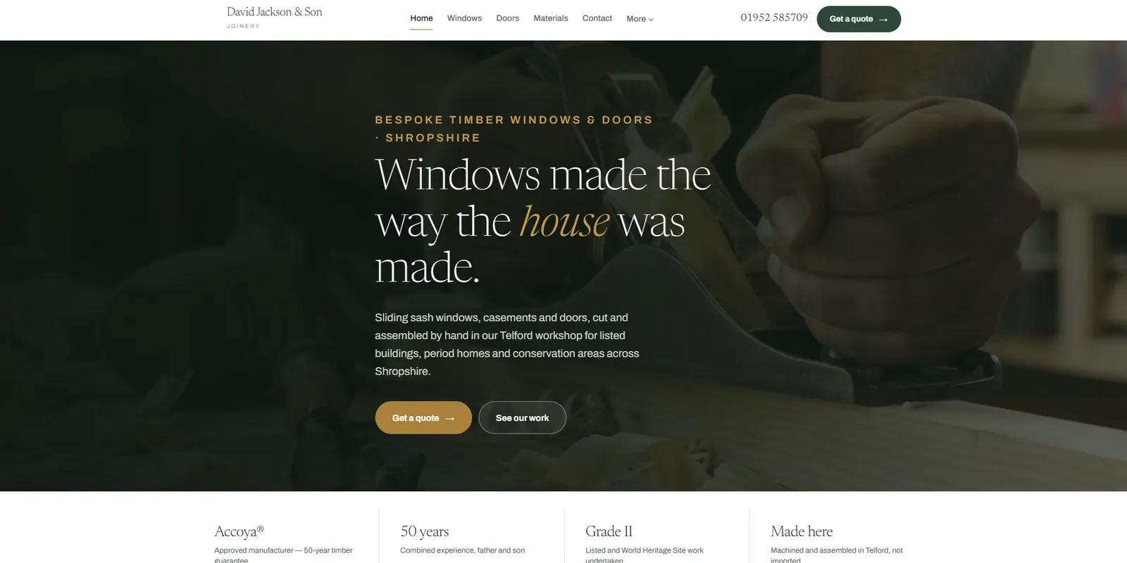 After: the rebuilt David Jackson & Son website — editorial serif headline, forest-green and gold palette, clear calls to action and trust strip.